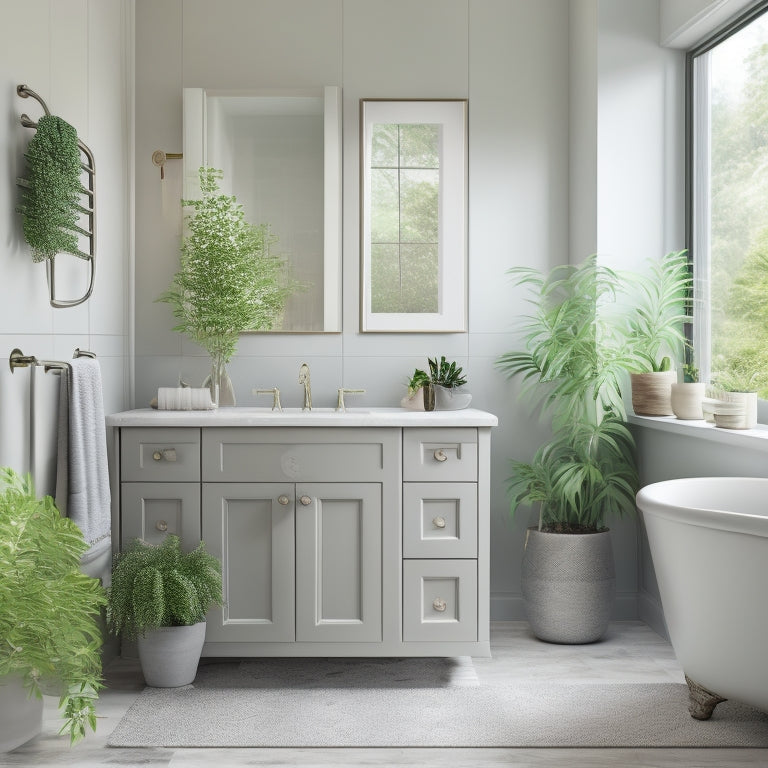 A serene bathroom scene with a wall-mounted cabinet featuring three soft-close drawers in a light gray finish, surrounded by calming greenery and a freestanding tub with a minimalist faucet.