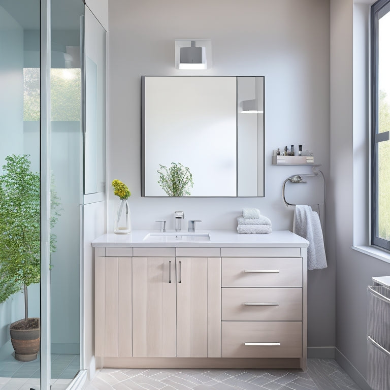 A sleek, modern bathroom with a compact, wall-mounted cabinet featuring a mirror door, soft-close drawers, and a chrome faucet, set against a crisp white background with subtle gray accents.