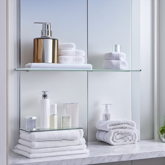 A sleek, modern bathroom with three adjustable floating shelves in polished chrome, holding various bathroom essentials, such as towels, decorative vases, and skincare products, against a soft, white marble background.