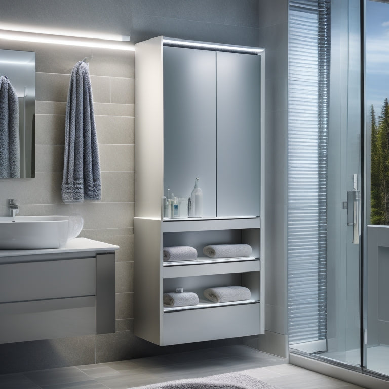 A modern, sleek bathroom with a wall-mounted, space-saving cabinet featuring multiple shelves, drawers, and a towel rack, all in a polished chrome finish, with a subtle LED lighting effect.