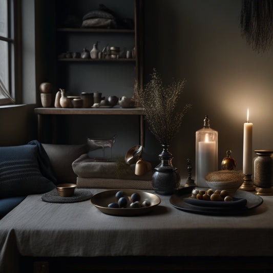 A serene, minimalist room with a few, carefully-placed, natural elements, juxtaposed with a cluttered, dimly-lit corner, overflowing with dusty trinkets and tangled cords, in the same space.