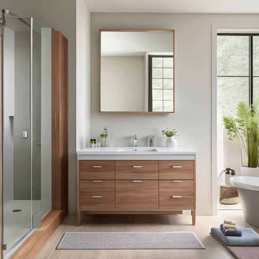 A modern bathroom with a large, wall-to-wall mirror, a freestanding cabinet in a warm wood tone, and an integrated towel rack in polished chrome, surrounded by sleek, white countertops and flooring.