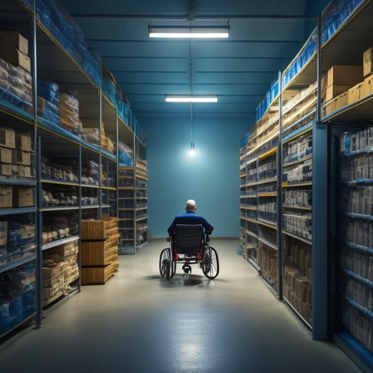 An image depicting a spacious, well-lit storage room with wide aisles, grab bars, and lowered shelves, featuring a wheelchair-accessible path and a person in a wheelchair effortlessly retrieving an item.