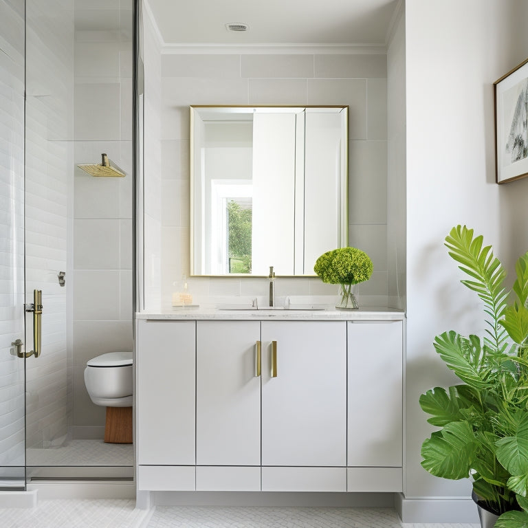 A modern bathroom with a large mirror above a sleek, wall-mounted cabinet featuring pull-out drawers, a slide-out trash can, and a built-in magnifying mirror, surrounded by crisp white tiles.