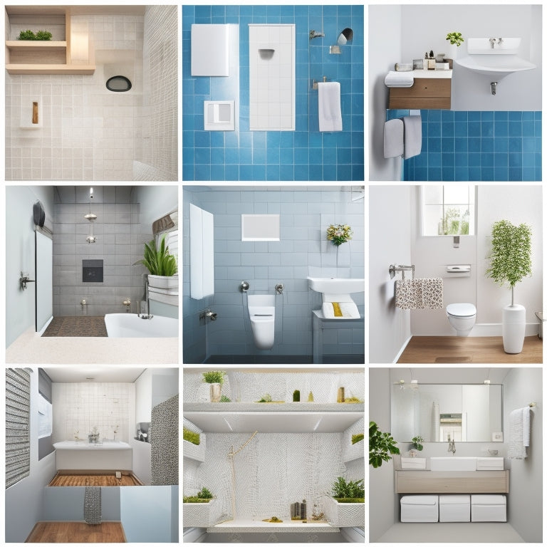 A collage of 6-8 diverse bathroom floor plans, showcasing varying shapes, sizes, and layouts, with different fixtures, materials, and color schemes, set against a clean white background.