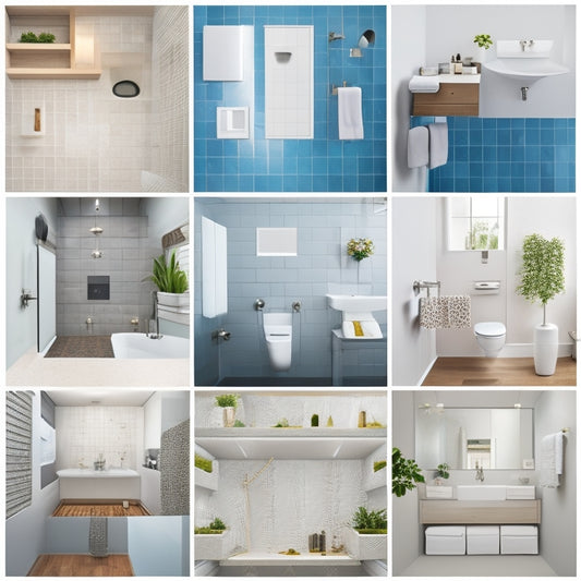 A collage of 6-8 diverse bathroom floor plans, showcasing varying shapes, sizes, and layouts, with different fixtures, materials, and color schemes, set against a clean white background.