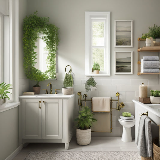 A serene bathroom scene featuring crisp white cabinets with multiple shelves, adorned with decorative towels, and a few potted plants, set against a soft gray wall and warm beige flooring.