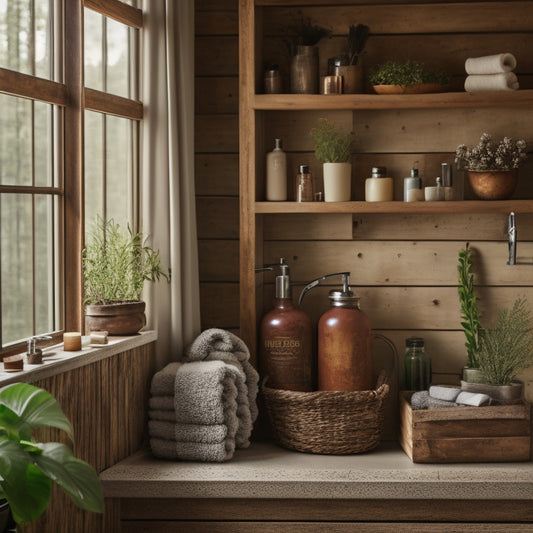 A cozy rustic bathroom featuring wooden pallet shelves, adorned with plants, rolled towels, and vintage jars. Soft natural light filters through a window, highlighting the warm, textured wood and earthy tones.