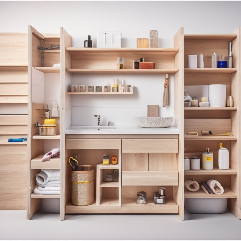 A partially assembled bathroom cabinet with open drawers and shelves, surrounded by tools and materials like wood planks, hammers, and measuring tapes, against a clean white background.