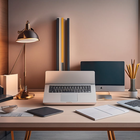 A minimalist illustration featuring a tidy desk with a sleek laptop, a neatly arranged stack of colorful folders, and a delicate clock in the background, surrounded by subtle hints of a cityscape.