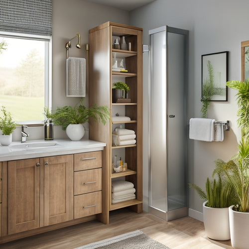 A modern bathroom with a wall-mounted cabinet featuring sliding glass doors, a pedestal sink with a storage unit beneath, and a shower caddy with hanging baskets and hooks.