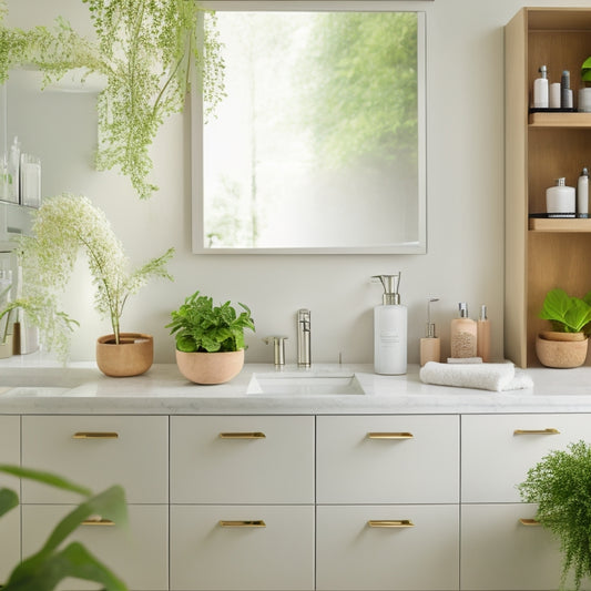 A serene minimalist bathroom with sleek white cabinetry, natural wood shelves, a floating vanity, and neatly arranged toiletries in clear glass containers, surrounded by lush greenery and soft, ambient lighting.