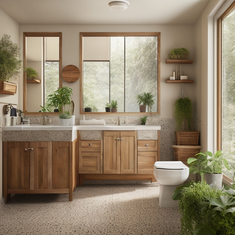 A serene bathroom scene featuring 10 distinct natural wood cabinets in various styles, with warm lighting, lush greenery, and a freestanding tub, surrounded by neutral-toned tiles and walls.