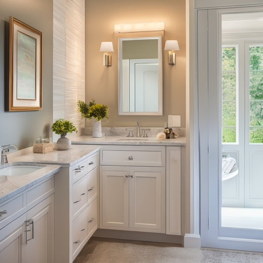 A serene, well-lit bathroom with a wall-mounted vanity featuring a custom drawer system with soft-close, white matte-finish drawers, adorned with sleek, polished chrome handles.