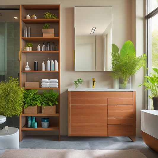 A sleek, modern bathroom with a large, mirrored wall-mounted cabinet featuring multiple compartments and shelves, surrounded by a few decorative towels and a potted plant on the countertop.