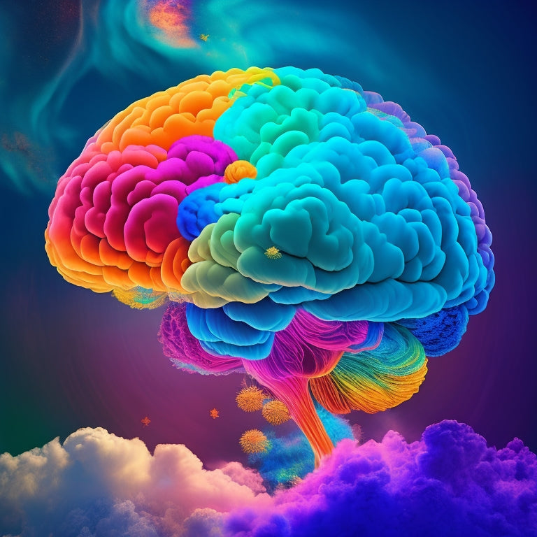 A vibrant, whimsical illustration of a human brain with glowing, colorful neurons and thought bubbles, surrounded by swirling clouds of ideas and interconnected mind maps.