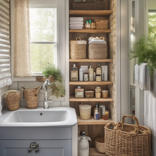 A cluttered bathroom with toiletries scattered around, transformed into a tidy space with repurposed mason jars on a wooden shelf, woven baskets under the sink, and a hanging organizer on the back of the door.