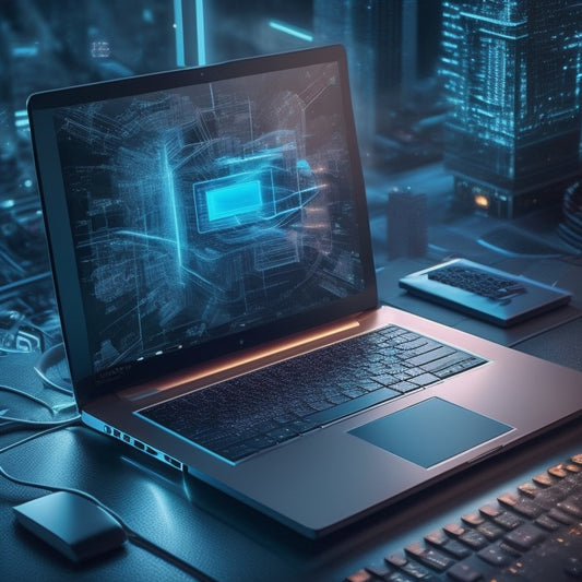 A futuristic, high-contrast illustration featuring a sleek, silver laptop with a 3D financial model unfolding from its screen, surrounded by subtle, glowing circuitry and abstract, swirling graphs.