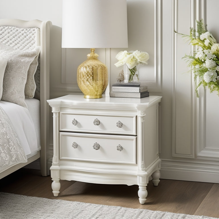 A beautifully styled nightstand with a Pottery Barn Kids-inspired design, featuring a soft white finish, ornate metal hardware, and a few decorative accessories like a vase and a framed photo.