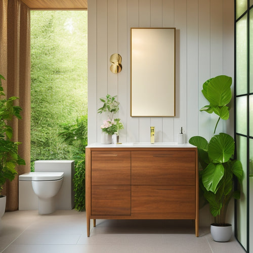 A sleek, contemporary bathroom featuring a stylish vanity unit with integrated storage, showcasing minimalist design, warm wood tones, and elegant hardware, surrounded by soft lighting and lush greenery for a serene atmosphere.