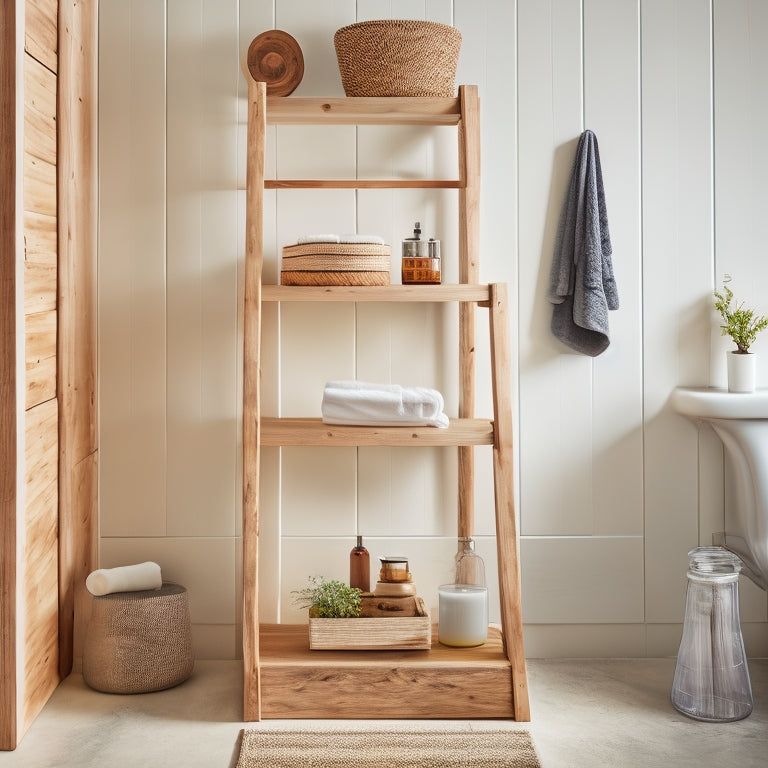 A serene bathroom scene with three DIY shelving units: a reclaimed wood ladder shelf, a floating glass shelf, and a wooden crate storage unit, amidst a minimalist backdrop with soft lighting.