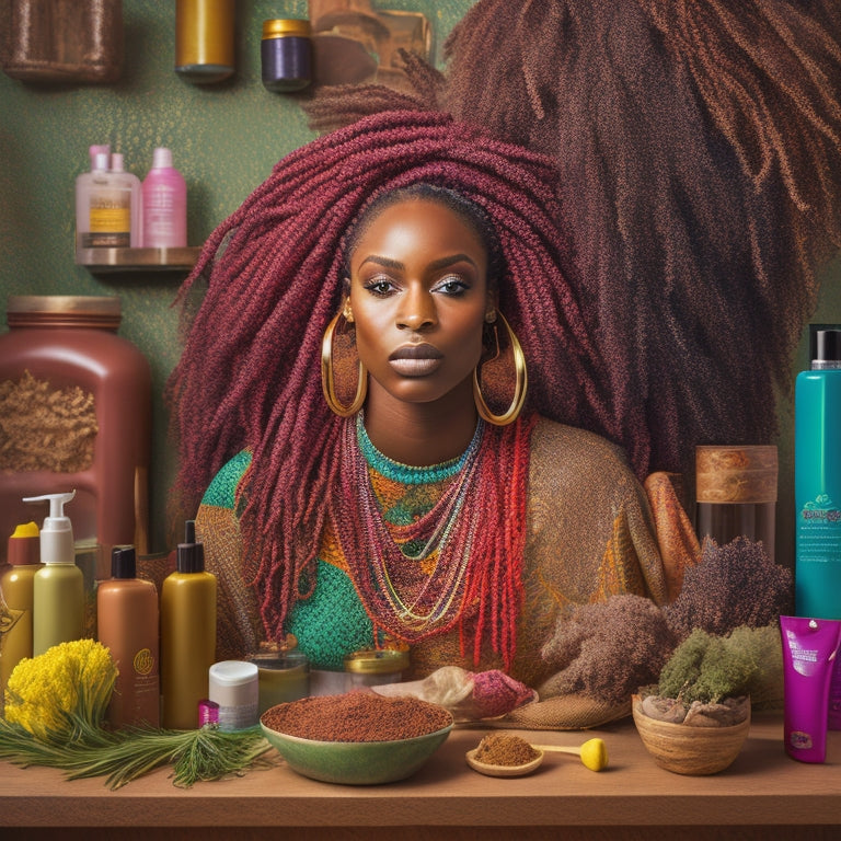 A vibrant, Afro-textured hair model with multiple locs in various stages of growth, surrounded by hair care products, utensils, and African-inspired patterns, set against a warm, earthy tone background.