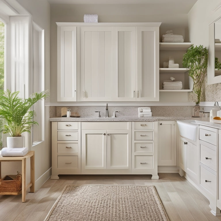 A serene, spa-like bathroom with a sleek, wall-mounted cabinet, a recessed medicine cabinet, and a floor-to-ceiling storage unit with sliding drawers and a woven basket on a polished, cream-colored countertop.