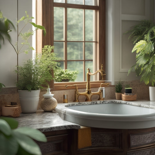 A serene bathroom scene featuring a wooden sink vanity with a curved apron front, marble countertop, and ornate faucet, set against a backdrop of soft, natural light and lush greenery.