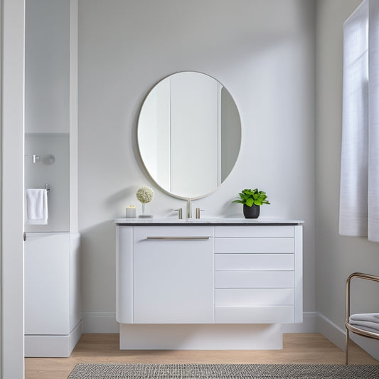 A modern bathroom with sleek, white cabinets, a wall-mounted vanity, and a large, oval mirror, showcasing a hidden storage compartment behind a sliding mirror panel.