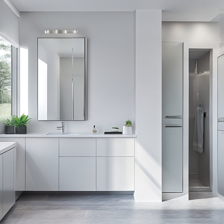 A sleek, modern bathroom with a large, floor-to-ceiling mirrored cabinet door, reflecting a tidy sink area, surrounded by crisp white walls and a minimalist faucet.