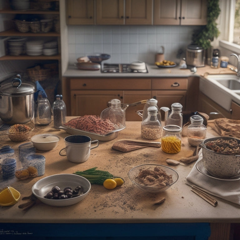 A chaotic kitchen scene: cluttered countertops overflowing with kitchen gadgets, appliances, and dirty dishes, with a cracked-open cookbook and a few stray wedding favors amidst the mess.