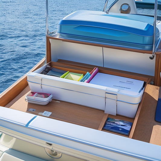 A tidy, sleek boat with an open storage compartment revealing a neatly organized array of manuals, binders, and folders, with colorful tabs and labels, set against a calm, sunny marina backdrop.