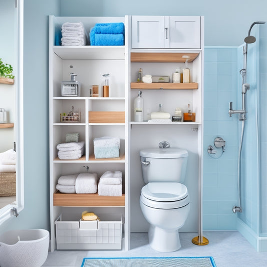 A partially assembled bathroom over-toilet organizer with separate, labeled components and tools scattered around a clutter-free countertop, surrounded by a soft, white background.