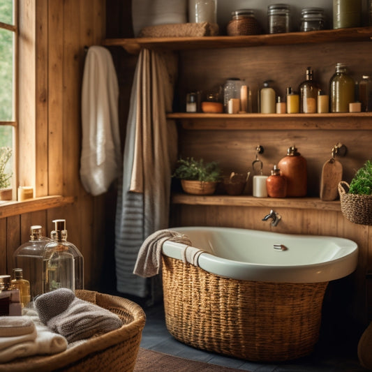 A cozy rustic bathroom featuring reclaimed wood shelves filled with vintage jars, woven baskets, and antique toiletries, complemented by soft lighting and a clawfoot tub, surrounded by earthy tones and natural textures.