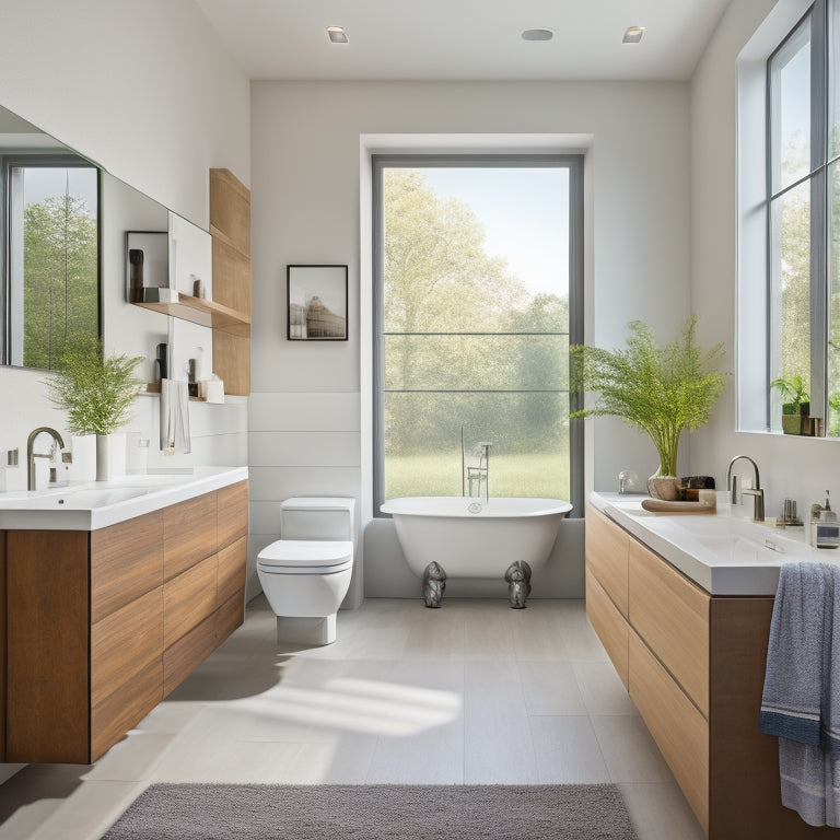 A sleek, modern bathroom with a freestanding tub, separated from the sink area by a floor-to-ceiling glass divider, and a partial wall with a built-in shelving unit.
