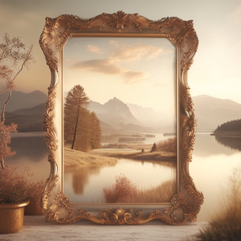 A vintage-style, ornate gold frame surrounding a whimsical, dreamy landscape featuring rolling hills, misty mountains, and a serene lake at sunset, with subtle watercolor textures and soft, muted colors.