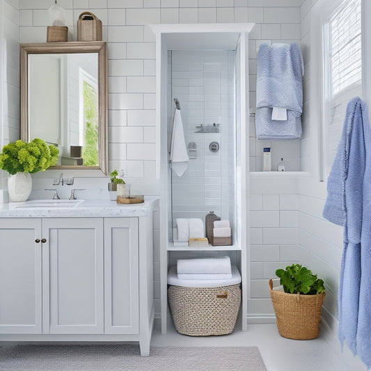 A bright, modern white bathroom with a mix of wall-mounted and freestanding organizers, including a tall cabinet, woven baskets, and a pedestal sink with storage, against a soft gray background.