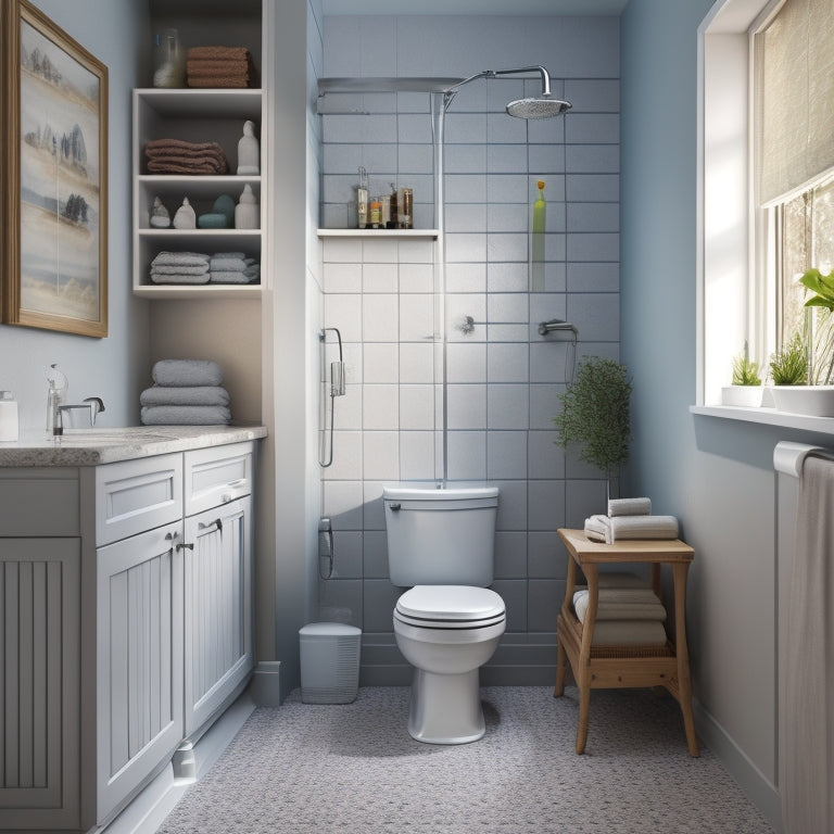 A serene, well-lit bathroom with a wheelchair-accessible sink, grab bars, and a shower chair, featuring a wall-mounted cabinet with pull-out shelves and a basket-weave storage unit beneath the sink.