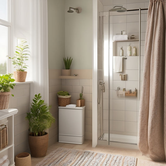 A tidy bathroom with a shower curtain pulled back, revealing a corner shelf with baskets and a built-in cabinet with sliding drawers, surrounded by neutral-colored walls and a few plants.