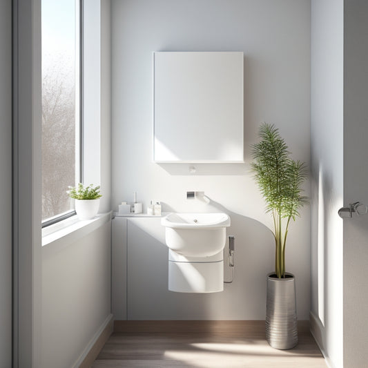 A minimalist, modern small bathroom with a wall-mounted, rectangular standing sink in matte white ceramic, set against a soft gray background with warm, natural light pouring in through a vertical window.
