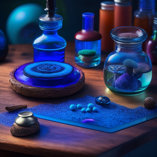 A dimly lit, rustic wooden desk with a glass lid microscope, a small, delicate mushroom cap, and a petri dish containing a vibrant, swirling mushroom spore print in shades of blue and purple.