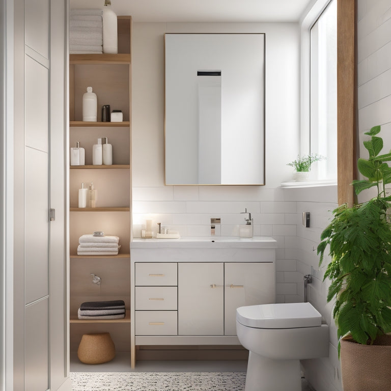 A modern, sleek bathroom with a wall-mounted cabinet, recessed shelves, and a pedestal sink with a hidden storage compartment, surrounded by creamy white tiles and soft, warm lighting.