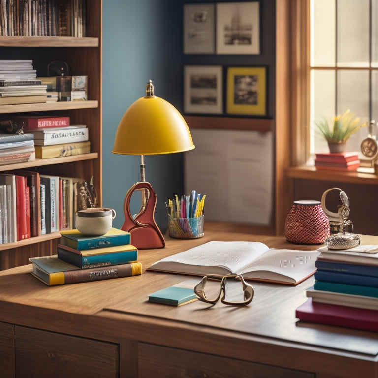 A tidy, organized home office with a desk, chair, and bookshelf, featuring a colorful, spiral-bound notebook and a pair of scissors lying on top of a clean, wooden desk.