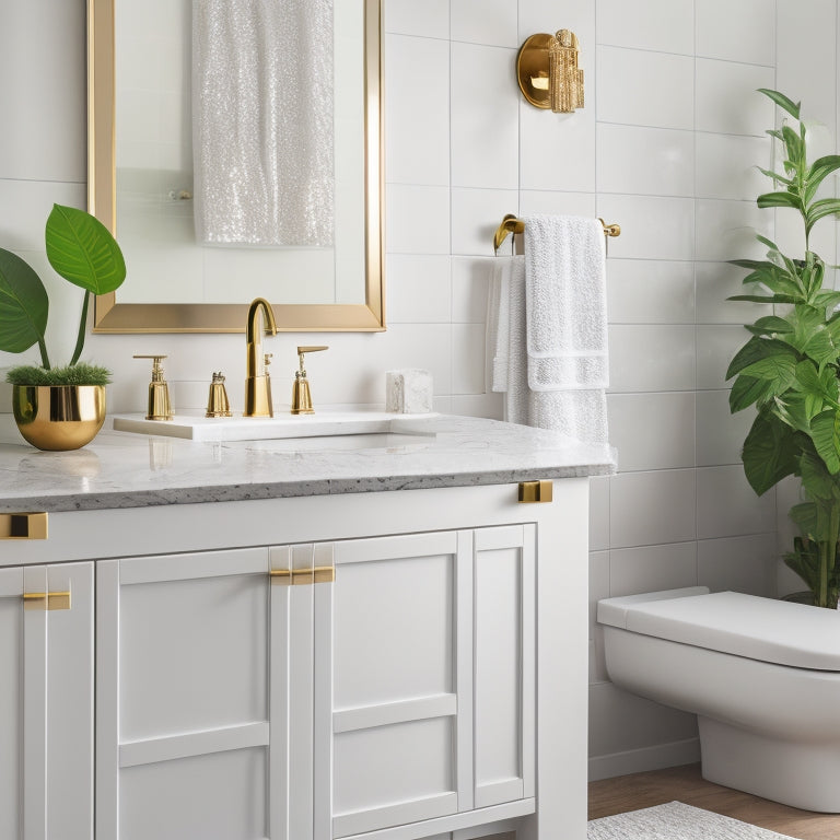 A serene, modern bathroom with a sleek, white double vanity, adorned with polished gold fixtures, featuring a stylish organizer with crystal knobs and a lush green plant on the countertop.