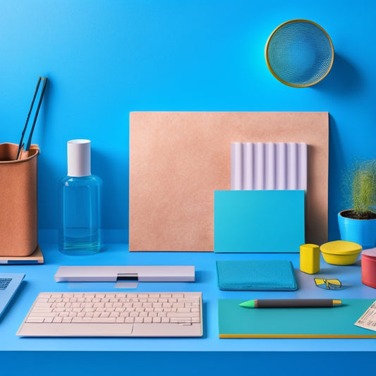 A serene, clutter-free workspace with a neatly organized desk, a sleek laptop, and a few, carefully-placed, colorful pens, surrounded by a minimalist background and a subtle, gradient blue tone.