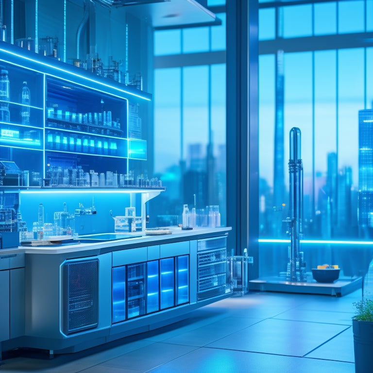 A futuristic, high-tech laboratory featuring sleek, metallic plumbing fixtures and gadgets, with blue LED lights and wires, surrounded by a cityscape background, symbolizing innovation and progress.