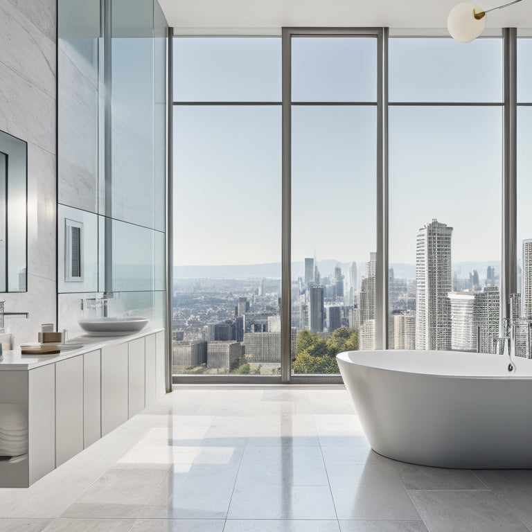 A minimalist bathroom with gleaming chrome fixtures, a freestanding tub, and a large format marble tile wall, surrounded by floor-to-ceiling windows with a blurred cityscape view.