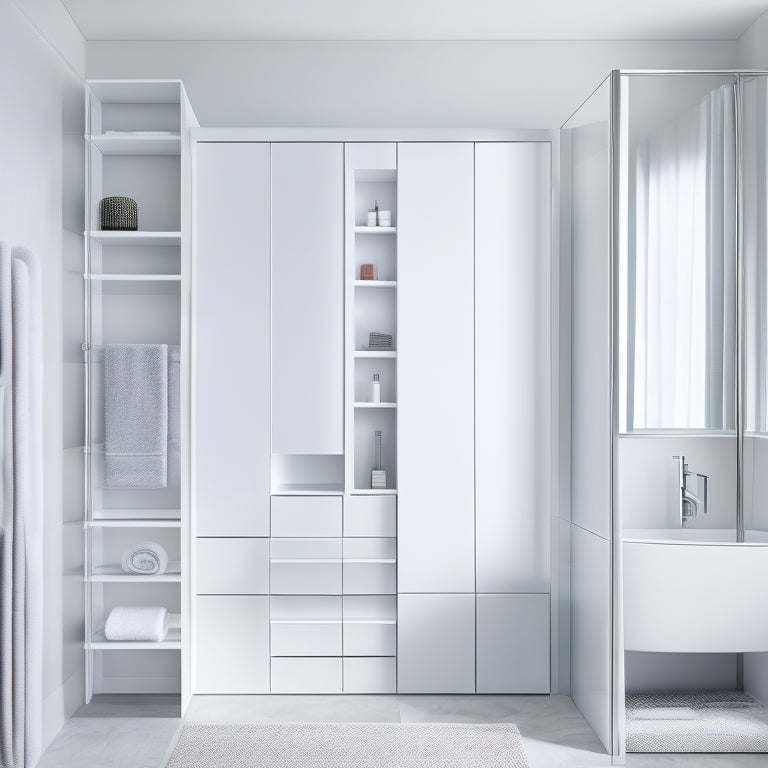 A minimalist bathroom with a floor-to-ceiling freestanding towel storage unit featuring five horizontal shelves in a polished chrome finish, surrounded by sleek white walls and a large mirror.