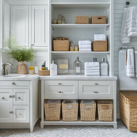 A clutter-free bathroom with a large family's worth of toiletries organized on a wall-mounted shelf with baskets, a tall cabinet with labeled drawers, and a woven storage bin under a pedestal sink.