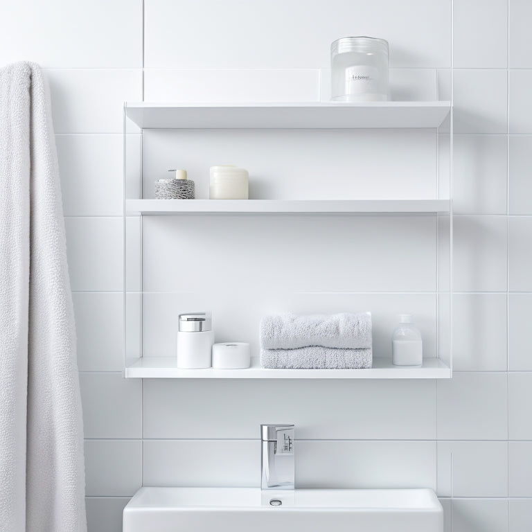 A minimalist white bathroom with a wall-mounted shelf featuring three rectangular glass shelves, chrome brackets, and a few rolled towels, against a soft gray background.